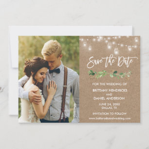 Brush Script Eucalyptus Jar Lights Kraft Foto Save The Date