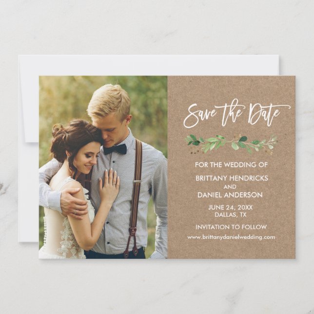 Brush Script Eucalyptus Kraft Foto Save The Date (Vorderseite)