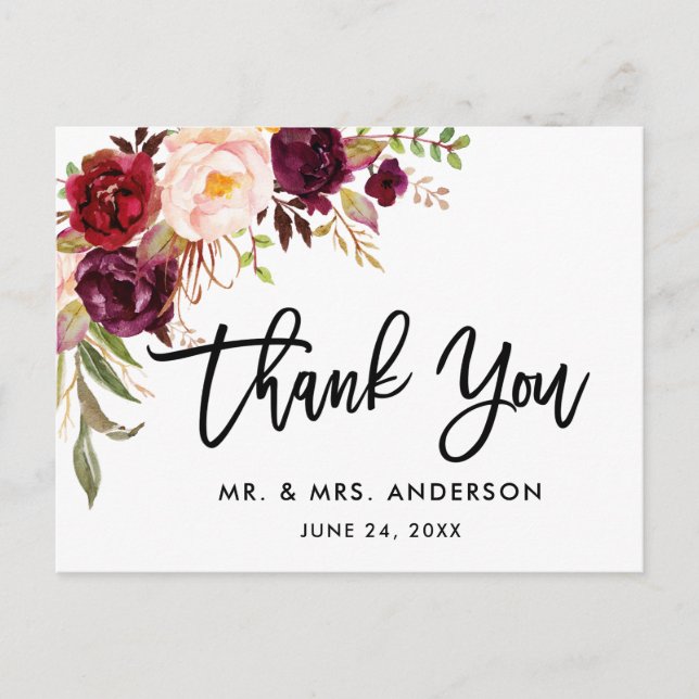 Brush Script floral Burgundy Wedding Vielen Dank Postkarte (Vorderseite)