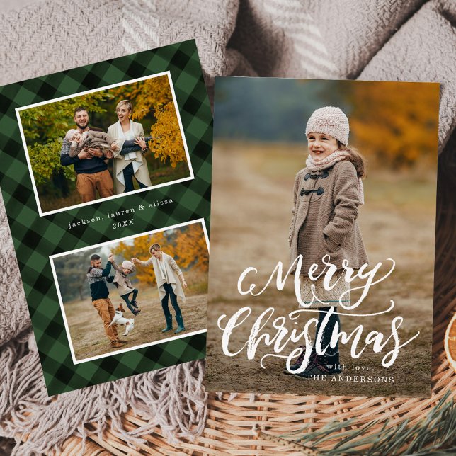 Brush Script Frohe Weihnachten Grün Kariert 3 Foto (Von Creator hochgeladen)