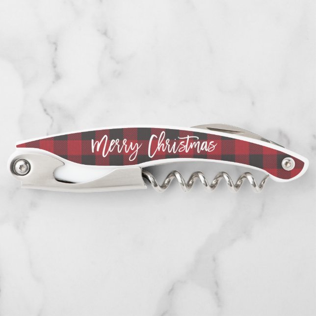 Brush Script Frohe Weihnachten Red Buffalo Kariert Kellnermesser (Vorderseite)