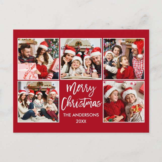 Brush Script Frohe Weihnachtsfamilie 5 Foto Rot Postkarte (Vorderseite)