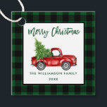 Brush Script Green Kariert Christmas Vintag Truck Geschenkanhänger<br><div class="desc">Brush Script Wasserfarbe Vintager LKW mit Weihnachtsbaum - Frohe Weihnachtsfamilie Name Gefallen oder Geschenkmarke - Grün Kariert</div>