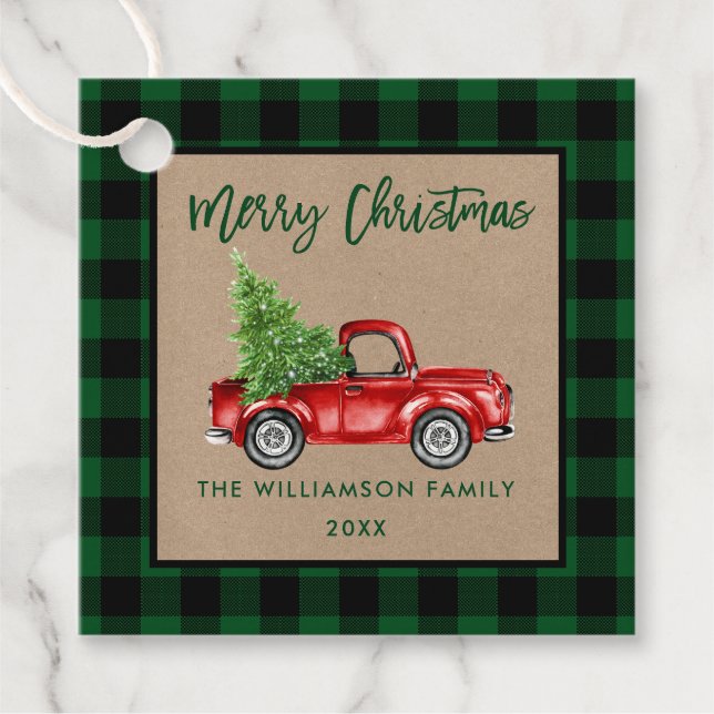 Brush Script Green Kariert Kraft Weihnachtswagen Geschenkanhänger (Vorderseite)