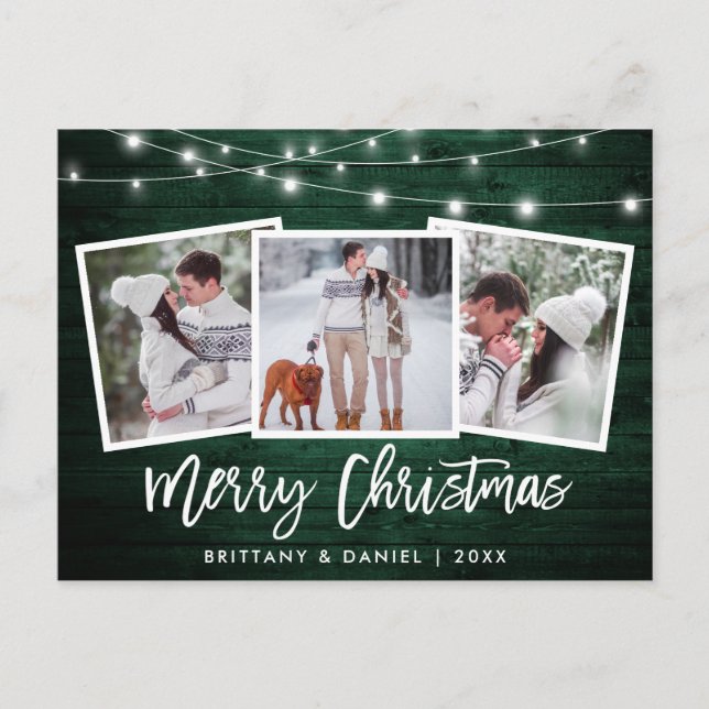 Brush Script Green Wood Lights 3 Foto Weihnachten Postkarte (Vorderseite)