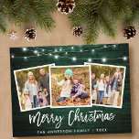 Brush Script Green Wood Lights 3 Foto Weihnachten Postkarte<br><div class="desc">Rustikales Grünes Holz Pinselschrift 3 Foto Familie Frohe Weihnachtskarte mit String Lights</div>
