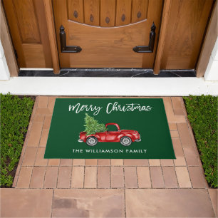 Brush Script Grüner Weihnachtswagen Vintag Fußmatte
