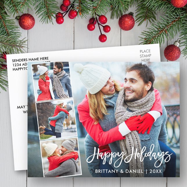 Brush Script Happy Holidays Couple 4 Photo Postkarte (Customize to change your personalized text size or text style.)