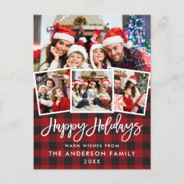 Brush Script Happy Holidays Red Kariert 4 Foto Postkarte