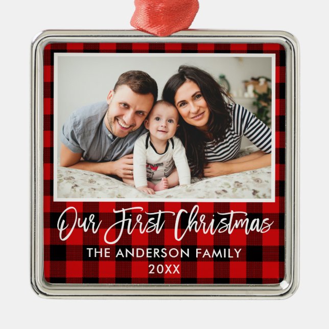Brush Script Kariert Family Erste Weihnachtszeit Ornament Aus Metall (Vorne)