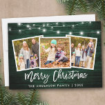 Brush Script Lights Green Wood 3 Foto Weihnachten<br><div class="desc">Rustikales Grünes Holz Pinselschrift 3 Foto Familie Frohe Weihnachtskarte mit String Lights</div>