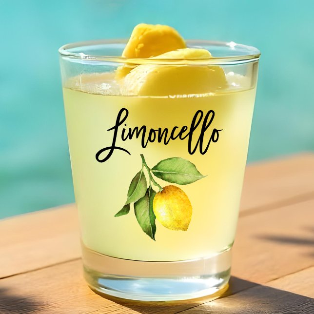 Brush Script Limoncello Watercolor Lemon Schnapsglas (Watercolor Lemon and Brush Script Calligraphy Limoncello Shot Glass)