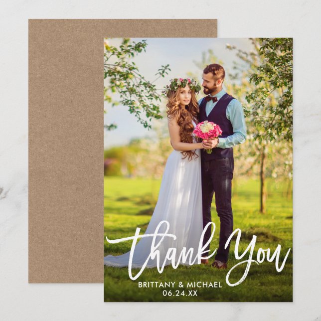 Brush Script Mariage Photo Kraft Carte de remercie (Devant / Derrière)