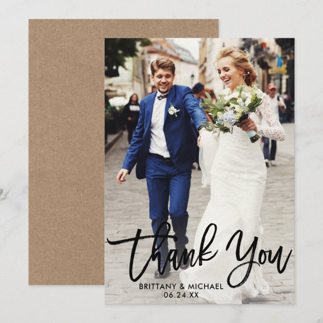 Brush Script Mariage Photo Kraft Carte de remercie (Devant / Derrière)