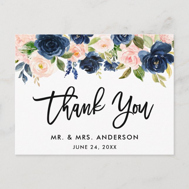 Brush Script Pink Blue Floral Wedding Vielen Dank Postkarte (Vorderseite)