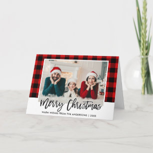 Brush Script Red Kariert Family Foto Christmas Feiertagskarte