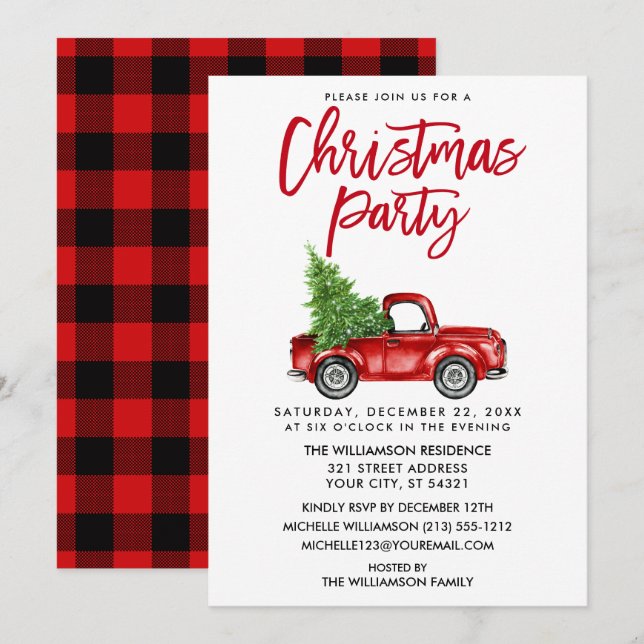 Brush Script Red Kariert Truck Weihnachts-Party Einladung (Vorne/Hinten)
