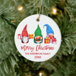 Brush Script Red Merry Christmas Watercolor Gnomes Keramik Ornament<br><div class="desc">Modern Brush Script Frohe Weihnachten Farbige Fun Wasserfarben Gnomes Ornament - Rote Schrift</div>