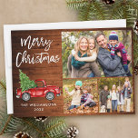 Brush Script Red Truck 3 Foto Weihnachtswald Feiertagskarte<br><div class="desc">Modern Brush Script Wasserfarbe Vintager roter LKW mit Weihnachtsbaum - Frohe Weihnachtsfamilie 3 Fotokarte - Rustikales Landwald</div>