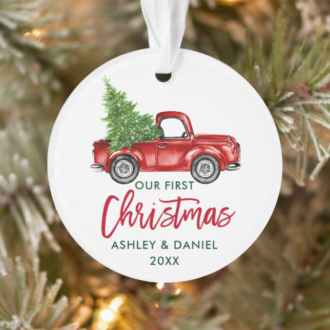 Brush Script Red Truck Erste Weihnacht Ornament (Baum)