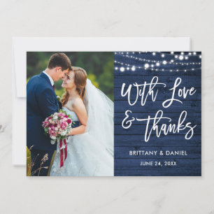 Brush Script Rustic Blue Wood Liebe Dank Hochzeit Dankeskarte