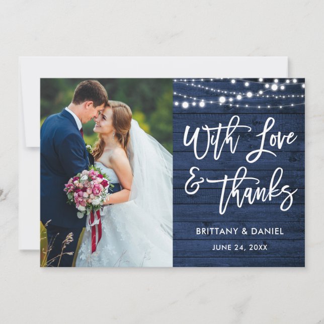 Brush Script Rustic Blue Wood Love Merci Mariage (Devant)