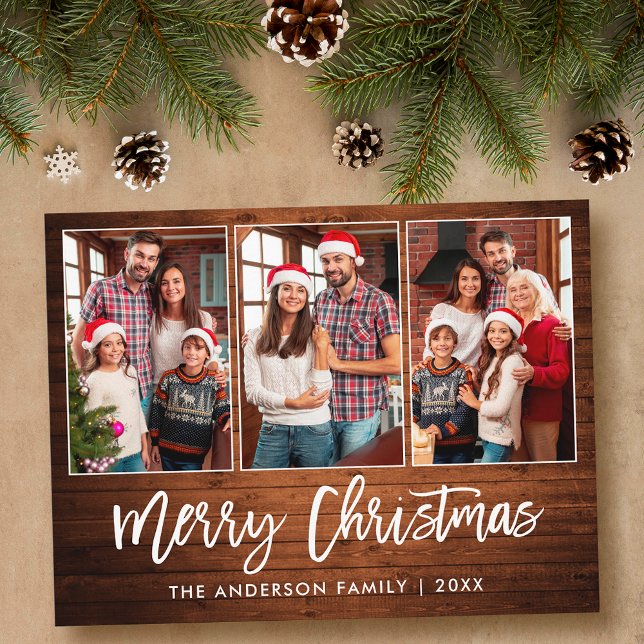 Brush Script Rustic Wood 3 Foto Weihnachten Postkarte (Customize to change your personalized text size or text style.)