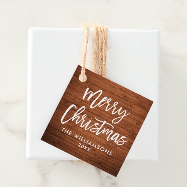 Brush Script Rustic Wood Christmas Square Geschenkanhänger (Beispiel)