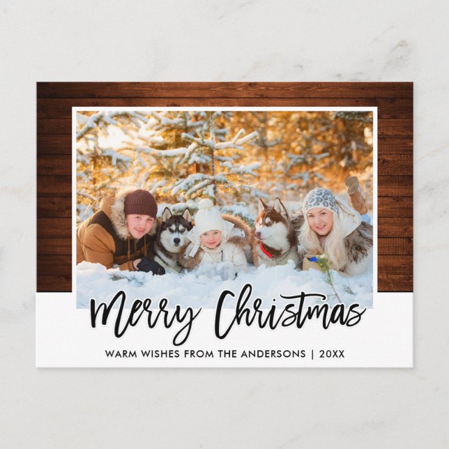 Brush Script Rustic Wood Family Foto Weihnachten Postkarte (Vorderseite)