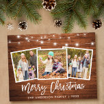 Brush Script Rustic Wood Lights 3 Foto Weihnachten Postkarte<br><div class="desc">Rustikales Holz Pinselschrift 3 Foto Familie Frohe Weihnachtskarte mit String Lights</div>