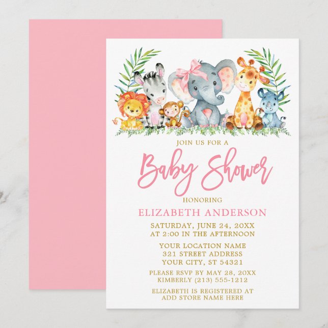 Brush Script Safari Tiere Pink Bow Baby Dusche Einladung (Vorne/Hinten)