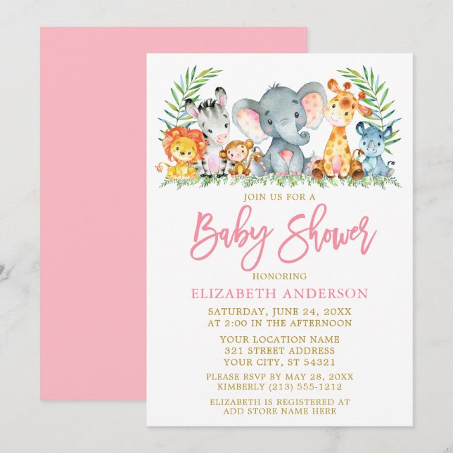 Brush Script Safari Tiere Pink Gold Baby Dusche Einladung (Vorne/Hinten)