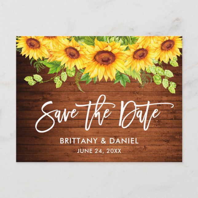 Brush Script Sonnenblumen Blumenholz Save the Date Postkarte (Vorderseite)