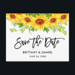 Brush Script Sonnenblumen Save the Date Postkarte<br><div class="desc">Modern Brush Script,  Watercolor Sonnenblumen Blumengrün,  Save the Date Verlobung Ankündigung Postkarte</div>