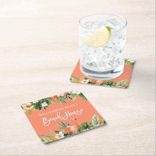 Brush Script Tropical Coral Floral Beach House Rechteckiger Pappuntersetzer