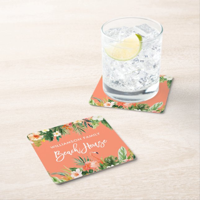 Brush Script Tropical Coral Floral Beach House Rechteckiger Pappuntersetzer (Vor Ort)