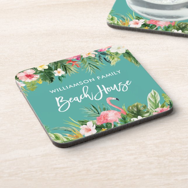 Brush Script Tropical Floral Family Beach House Getränkeuntersetzer (Linke Seite)