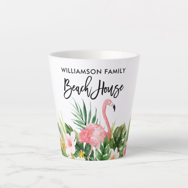 Brush Script Tropical Floral Family Beach House Milchtasse (Vorderseite)