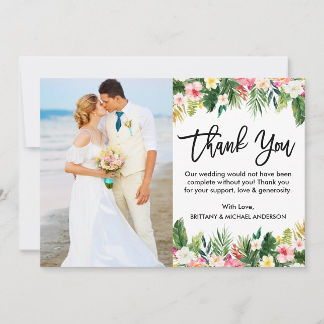 Brush Script Tropical Floral Wedding Foto Dankeskarte (Vorderseite)