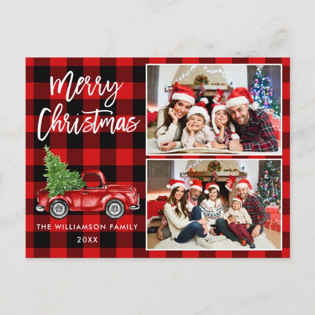 Brush Script Truck 2 Foto Weihnachten Rot Kariert Postkarte (Vorderseite)