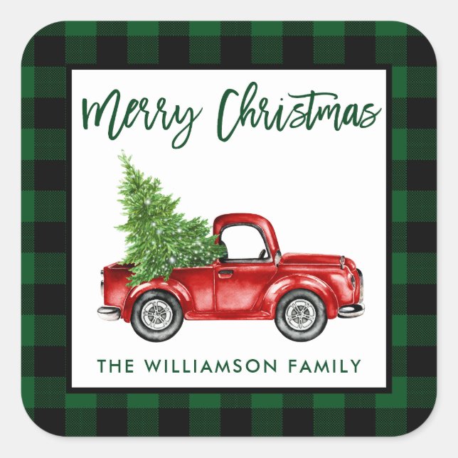 Brush Script Truck Christmas Green Kariert L Quadratischer Aufkleber (Vorderseite)