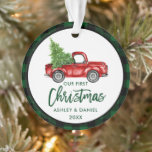 Brush Script Truck Erstes Weihnachtsgrün Kariert Ornament<br><div class="desc">Modern Red Brush Script Erste Weihnachten Wasserfarbe Vintager Truck mit Weihnachtsbaumschmuck - Grün Kariert</div>
