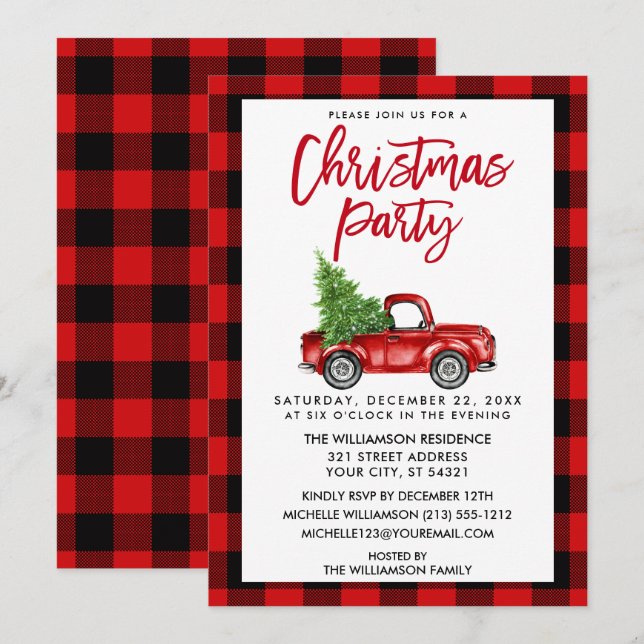 Brush Script Truck Rotes Kariertes Weihnachtsfest  Einladung (Vorne/Hinten)