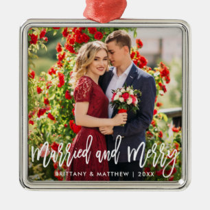 Brush Script Verheiratet & Merry Foto Wedding Squa Ornament Aus Metall
