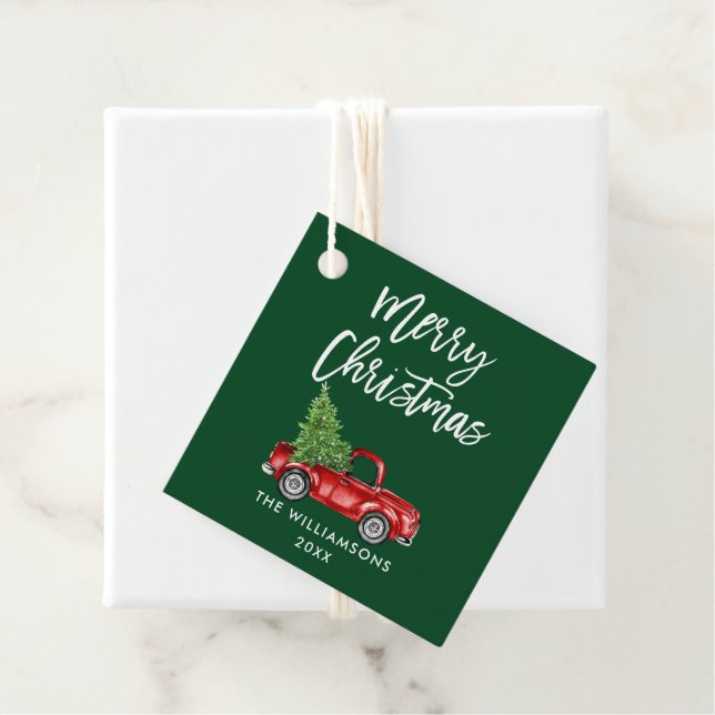 Brush Script Vintag Red Truck Green Geschenkanhänger (Beispiel)