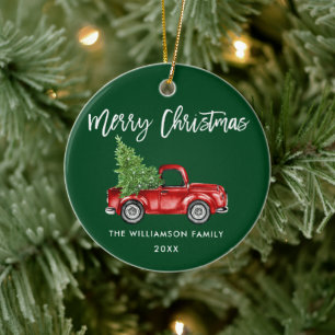 Brush Script Vintag Red Truck Green Keramik Ornament