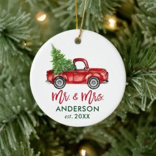 Brush Script Vintag Red Truck Mr. und Mrs. Keramik Ornament