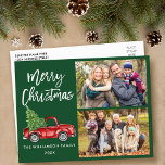 Brush Script Vintag Truck 2 Foto Weihnachten Grün Postkarte<br><div class="desc">Modern Brush Script Wasserfarbe Vintag Red Truck mit Weihnachtsbaum - Frohe Weihnachtsfamilie 2 Foto Grüne Postkarte</div>