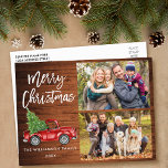 Brush Script Vintag Truck 2 Foto Weihnachtswald Postkarte<br><div class="desc">Modern Brush Script Wasserfarbe Vintager roter LKW mit Weihnachtsbaum - Frohe Weihnachtsfamilie 2 Foto Postcard - Rustikales Land Holz</div>