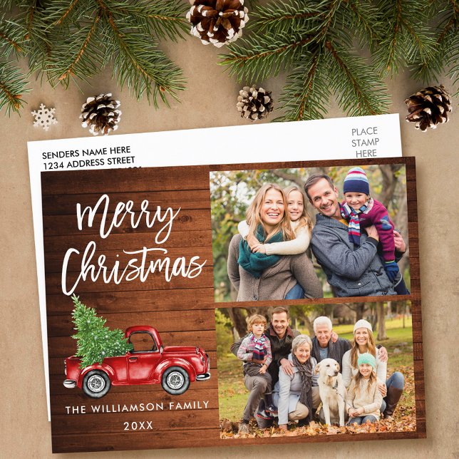 Brush Script Vintag Truck 2 Foto Weihnachtswald Postkarte (Customize to change your personalized text size or text style.)